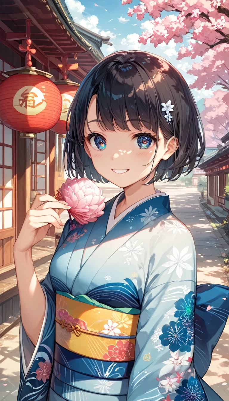 score_9, score_8_up, score_7_up,source_anime, high res image,masterpiece,best quality,girl,cute face,clear skin,shiny hair,ultra detailed eyes,Black Hair、Short Bob、Japan、(kimono、Gorgeous)、Japan庭園、Japanese style、Fantastic Light、smile