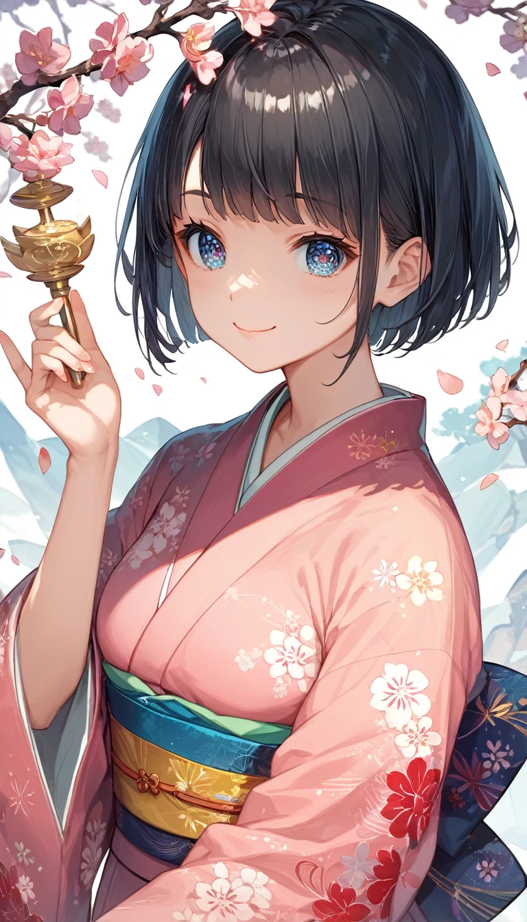 score_9, score_8_up, score_7_up,source_anime, high res image,masterpiece,best quality,girl,cute face,clear skin,shiny hair,ultra detailed eyes,Black Hair、Short Bob、Japan、(kimono、Gorgeous)、Japan庭園、Japanese style、Fantastic Light、smile