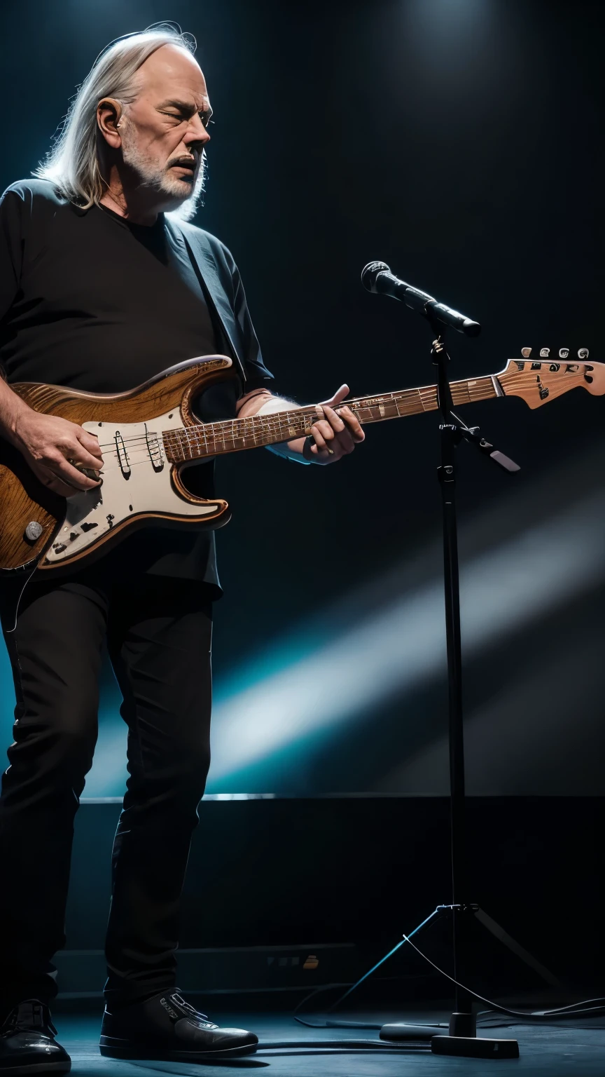CRIAR DAVID GILMOUR GUITARRIST,ON STAGE PLAYING ELETRIC GUITAR,8K, REALISTA,UHD, FULL BODY ON SATEGE