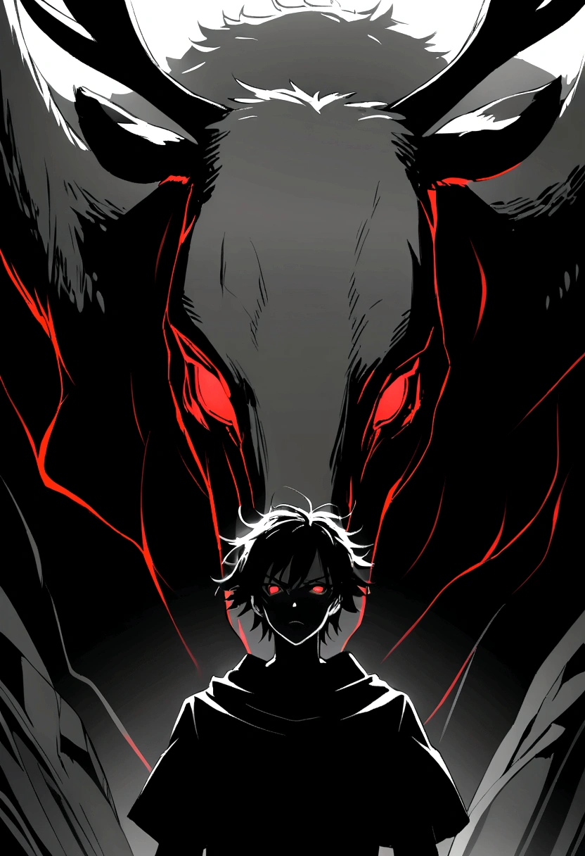 high resolution, point-blank、Anime boy with black hair and red eyes looking at the camera, eerie glowing red eyes, dressed in a black outfit, Shadow Body, white-skinned, monochrome, Messy hair, serious face、Diagonal angle, moose