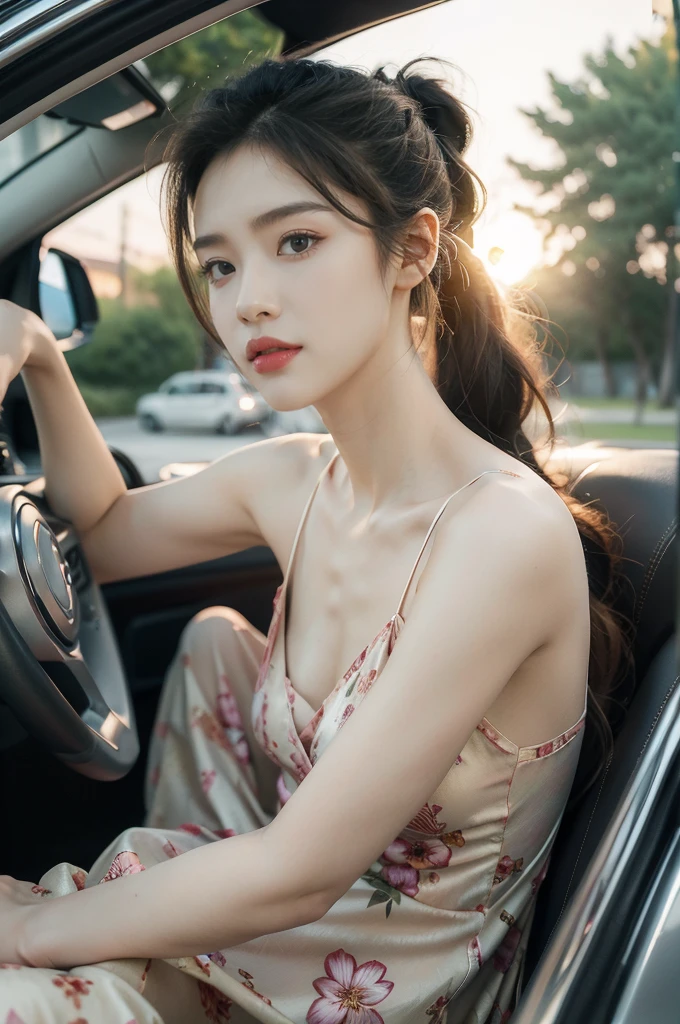 (((best quality))),(((ultra detailed))),(((masterpiece))),illustration,((1 beautiful girl,female driver,solo)),((sitting on the seat)),((in the car)),((slim,thin)),((small breasts,flat chest)),parked,roadside,vibrant,(floral sheer pajama dress:1.3),graceful,(short ponytail:1.2),(slender legs:1.2),((arms behind back,spread legs apart)),delicate,features,eyes,focused,ahead,calm,concentration,classic,convertible,evening,breeze,caress,adjusted,,frame,confident,steering,wheel,delicate,hands,maneuver,control,world,setting,sun,warm,glow,illuminate,sky,canvas,match,road,stretch,explore,possibilities,background,town,life,evening,shops,opening,doors,people,strolling,cool,air,atmosphere,peaceful,serene,contrast,chaos,city,independence,societal,norms,constraints,destiny,embrace,challenges,symbol,strength,resilience,spirit,summer,((from front,upper body))