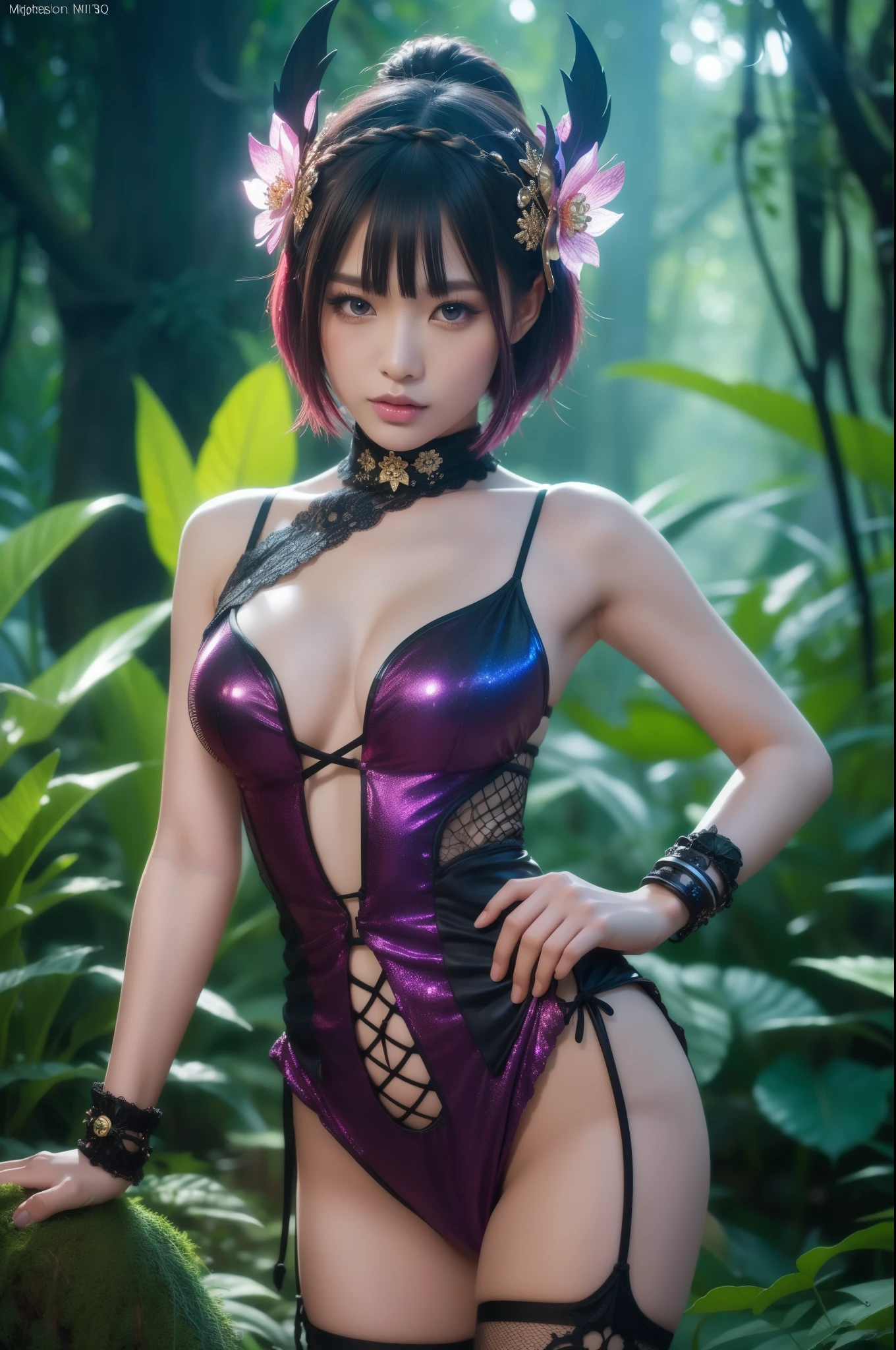 a sexy Thai model with colorful short hair, shiny sparkling dark magic forest background, sparkling poisoned enchanted flower costume, fishnet tights, skull hair accessories, controls poison, secret poison, (best quality,4k,8k,highres,masterpiece:1.2),ultra-detailed,(realistic,photorealistic,photo-realistic:1.37),vibrant colors,dramatic lighting,cinematic,hyper detailed,intricate details,fantasy art,digital painting