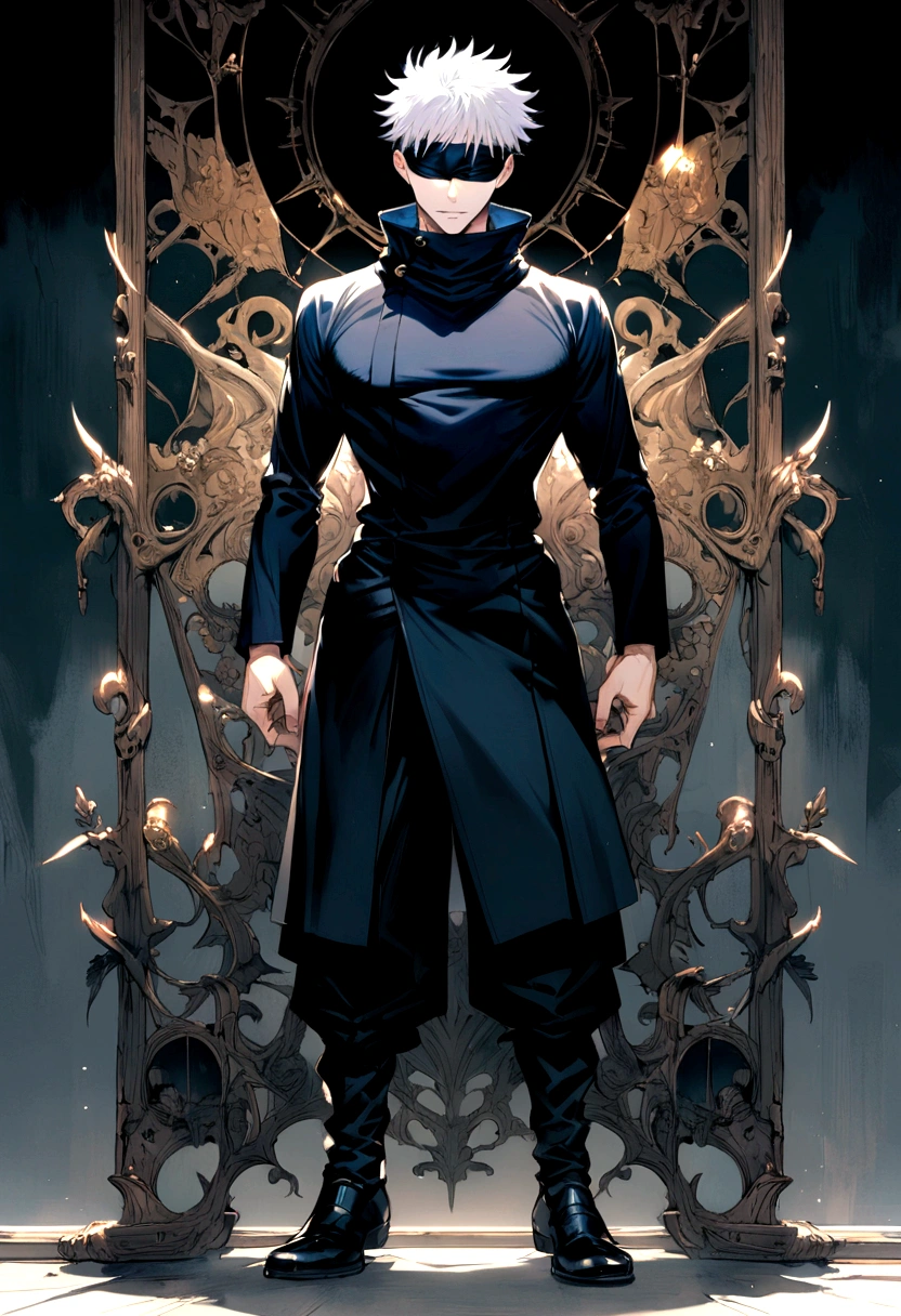 gojou satoru, jujutsu kaisen, 1boy, full body, white hair, blue eyes, looking at viewer, parted lips, high collar, looking at viewer, black pants, standing, closed mouth, facing viewer, short hair, high collar, shoes, black blindfold, pectoralasterpiece), (best quality), (ultra-detailed), very aesthetic, illustration, disheveled hair, perfect composition, moist skin, intricate details