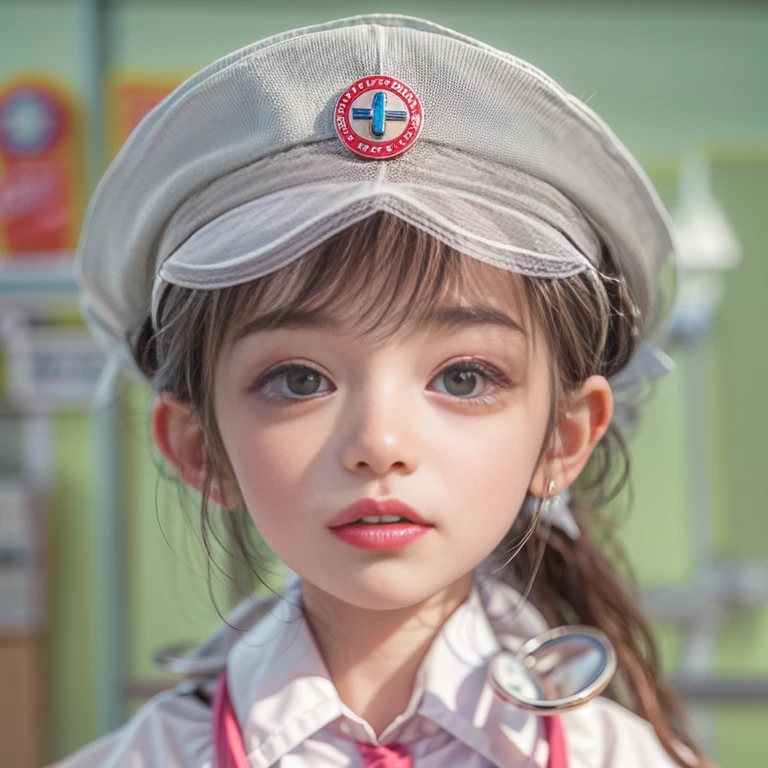 KAWAII girls in Kidzania trying on a Nurse uniform, extremely detailed eyes and face, beautiful detailed lips, longeyelashes, intricate costume details, realistic lighting, (best quality,4k,8k,highres,masterpiece:1.2),ultra-detailed,(realistic,photorealistic,photo-realistic:1.37),professional, bright colors