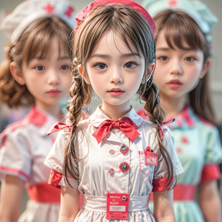 KAWAII girls in Kidzania trying on a Nurse uniform, extremely detailed eyes and face, beautiful detailed lips, longeyelashes, intricate costume details, realistic lighting, (best quality,4k,8k,highres,masterpiece:1.2),ultra-detailed,(realistic,photorealistic,photo-realistic:1.37),professional, bright colors