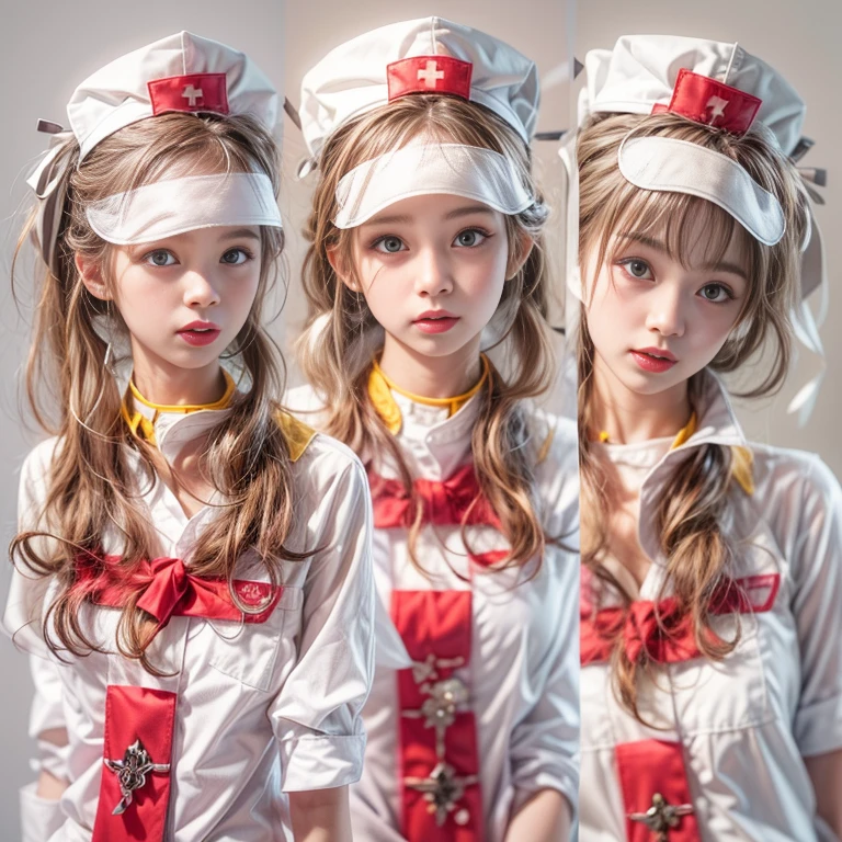 KAWAII girls in Kidzania trying on a Nurse uniform, extremely detailed eyes and face, beautiful detailed lips, longeyelashes, intricate costume details, realistic lighting, (best quality,4k,8k,highres,masterpiece:1.2),ultra-detailed,(realistic,photorealistic,photo-realistic:1.37),professional, bright colors