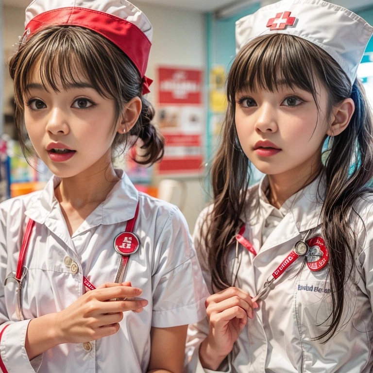 KAWAII girls in Kidzania trying on a Nurse uniform, extremely detailed eyes and face, beautiful detailed lips, longeyelashes, intricate costume details, realistic lighting, (best quality,4k,8k,highres,masterpiece:1.2),ultra-detailed,(realistic,photorealistic,photo-realistic:1.37),professional, bright colors