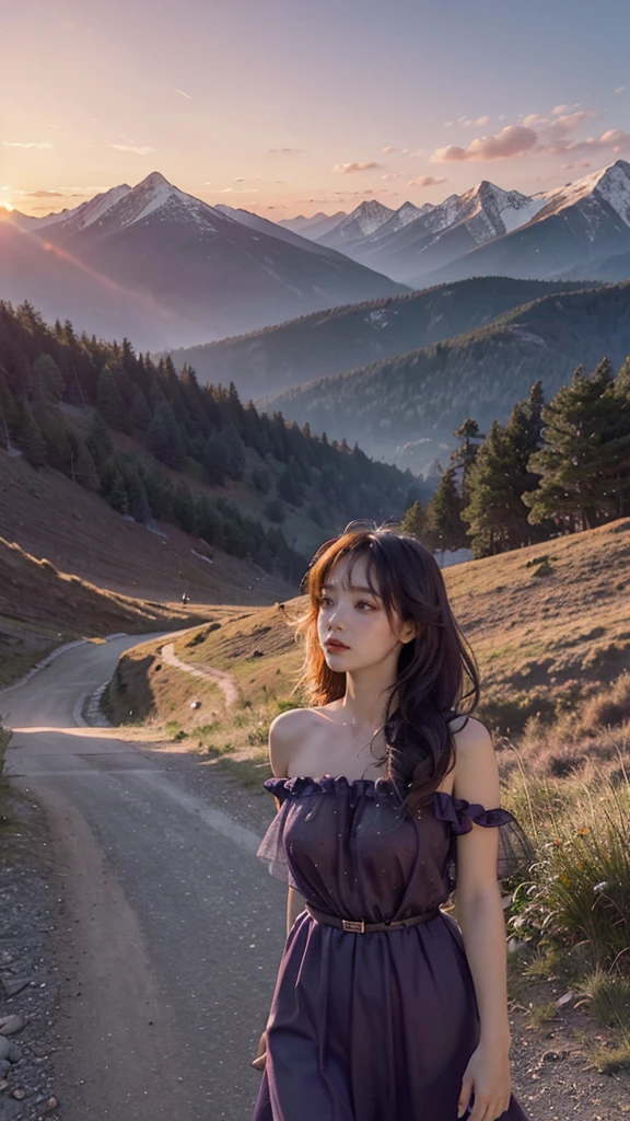 Beautiful scenery in the mountains, with orange and purple clouds at sunset, mesmerizing and magical, 1 girl.