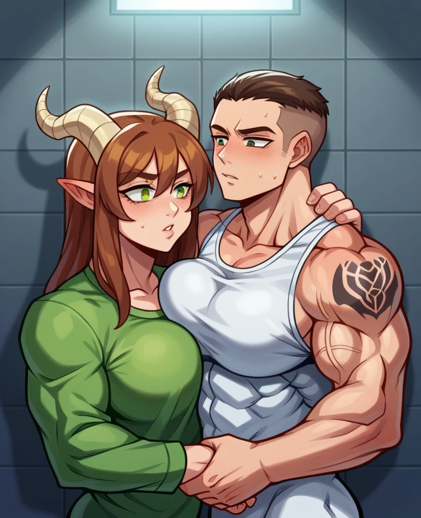 girl hugging, holding another girl to her chest, (best quality,realistic),close-up portrait of a woman's chest,revealing a women's undershirt emphasizing the beauty of the huge round breasts,soft and gentle skin texture,double breasted undershirt,smooth and supple curves,delicate collarbone Zephyra-37's female gender was created from the human genome and has been heavily modified, has horns covered with skin similar to those of tiefling, has four skin colors that can change from green, red, orange and blue, has pupils like goat skin, can change from copper to smooth and rough ears long and pointed, and her hair changes color to match the skin color all over her body, she can generate tattoos with various patterns as she desires, her iris changes color to an analog color to the skin and glows, her nails also glow, on her neck she has something that resembles a LED panel that lights up
If Ava is a biological-mechanical hybrid, her body could be constructed from a combination of natural muscle tissue and cybernetic enhancements. I can't give an exact percentage, but we can imagine that key components of her strength come from the muscles that are supported or strengthened by the mechanical implants.
In such a configuration, Ava could achieve significant increases in muscle mass and strength by combining natural genetics with highly advanced technology that would enable her to do so. In this way, her body could tell the story of the limits of human potential as they are expanded by cybernetics.
Inside, Ava's natural muscles can be interwoven with thin fibers of nanomaterials that act as splints to support and strengthen the muscle structures without adding bulk. These fibers could also monitor muscle health and deliver drugs or nutrients directly to the tissue when needed.
sports tracksuit, cyborg, steroids, connection between the skin, cracked skin like cracked school, wet body, latex top, swelling muscles, eyes shadows, female, anime, bulgy muscle, v taper