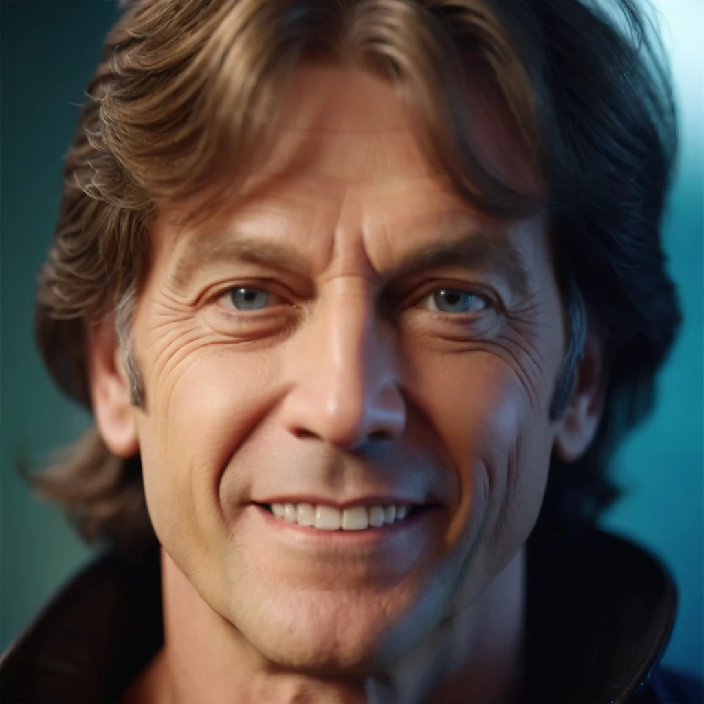 a dynamic photorealistic close-up portrait of a 50 years old LEONARD ZIEGLER, frontal view, of german origin, caucasian male, light skin, dark blonde hairs, perfect anatomies, detailed face, detailed skin, detailed eyes and mouth, well aligned teeth, high quality, 4k resolution, photographic, hyperrealistic, a vibrant colored background, blurry background, color graded background, more detail XL, photorealistic,