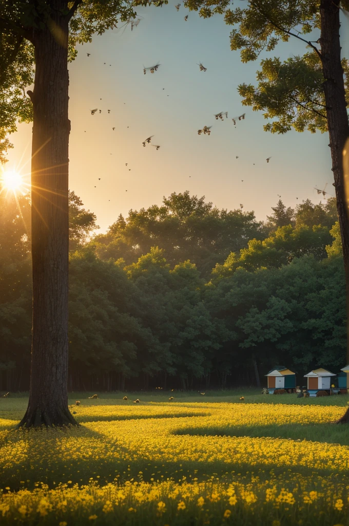 A busy apiary at dawn: Bees leaving and entering hives, audible soft hum, rays of sunshine through the trees., dreamshaper style, Photo 8k realistic, highly details, intrincate, definition and quality, surreal, perfect, impact image 