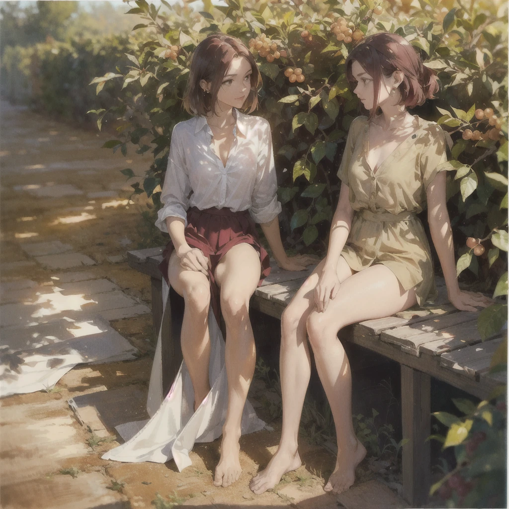 Exquisite, slender, delicate girl of  with a perfect gentle face of the southern type (with short dark burgundy hair) with freckles (with ruby earring) in the rays of the rising sun, naked with tender bare breasts with pink swollen nipples ((barefoot)) ((in an unbuttoned open burgundy shirt over a naked body and in small burgundy panties)) (on the veranda in the garden) Drinks ((coffee)) and looks at the flowers, in watercolor style, discreet light shades, Flares, (imitation of film photography), against the sun, a lot of sun glare, light fills the frame, olive and grape groves, strong wind, Brick Road, high image quality, Maximum detail, sunset lighting, Warm evening shades, (warm golden and olive sunset light), big space eyes, olive and grape groves, Brick Road, ((чашки с coffee и coffeeйники у домика))