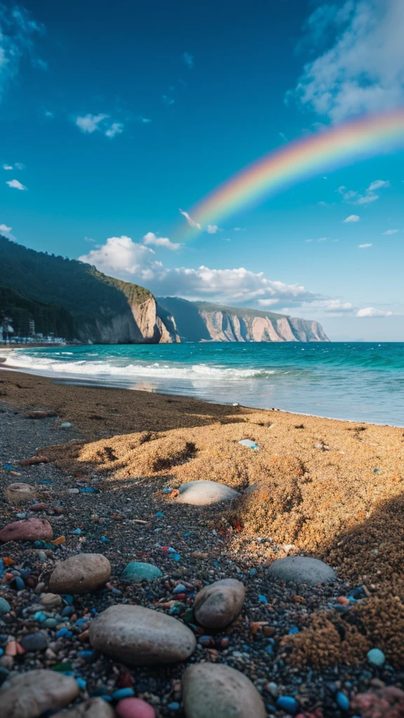 there is a rainbow in the sky over a beach with rocks and pebbles, seashore, Alpine Forest Landscape Photo,Steep mountain roads,Clear and transparent lake,wood,Bushes,Fallen leaves,Dawn Sun,Kasumi,Cliffs and mountains,Dilapidated,Lonely,cold,Foggy sky,Not a dazzling morning sun,Nightmare vision,Dark fantasy plot,Perfect and excellent composition,8K resolution,detailed,restricted,close ultra-wide angle shot,Realistic,Beautiful sky,Colorful clouds float,True to life, The private parts are clearly visible, Perfect perfection, Digital single-lens reflex camera, 1024, 2048, 4096, detailedな, sharp, Best Quality, high quality, Absurd,Unattended background,Very detailed、detailedな照明の影,Art Station Trends、Complex、expensivedetailed、dramatic、(Volumetric Lighting:1.2)HDR shot。(close,Super Depth of Field,Ultra Wide Angle,Microfocal Lenses:1.2)(Realistic:1.4)Masterpiece、expensive、expensive品質、beautiful photo,Global illumination magical beach, sunny rainbow galaxy stormy sea, by Igor Grabar, colorful hd picure, near the seashore, rainbow reflections, just one rainbow 8 k, beach landscape, still of rainbow ophanim, calm vivid colors, by Marie Bashkirtseff, beautiful beach