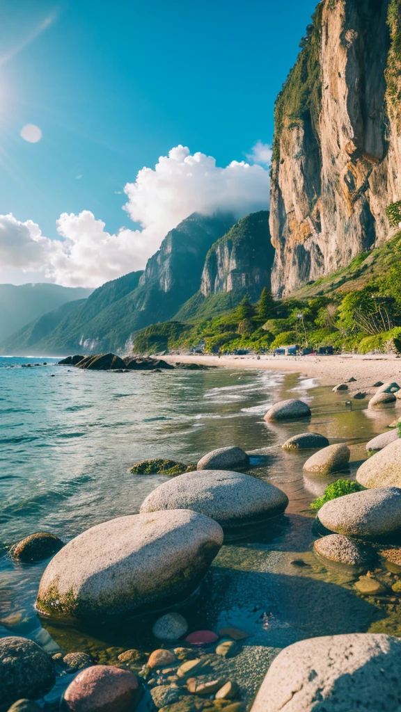 there is a rainbow in the sky over a beach with rocks and pebbles, seashore, Alpine Forest Landscape Photo,Steep mountain roads,Clear and transparent lake,wood,Bushes,Fallen leaves,Dawn Sun,Kasumi,Cliffs and mountains,Dilapidated,Lonely,cold,Foggy sky,Not a dazzling morning sun,Nightmare vision,Dark fantasy plot,Perfect and excellent composition,8K resolution,detailed,restricted,close ultra-wide angle shot,Realistic,Beautiful sky,Colorful clouds float,True to life, The private parts are clearly visible, Perfect perfection, Digital single-lens reflex camera, 1024, 2048, 4096, detailedな, sharp, Best Quality, high quality, Absurd,Unattended background,Very detailed、detailedな照明の影,Art Station Trends、Complex、expensivedetailed、dramatic、(Volumetric Lighting:1.2)HDR shot。(close,Super Depth of Field,Ultra Wide Angle,Microfocal Lenses:1.2)(Realistic:1.4)Masterpiece、expensive、expensive品質、beautiful photo,Global illumination magical beach, sunny rainbow galaxy stormy sea, by Igor Grabar, colorful hd picure, near the seashore, rainbow reflections, just one rainbow 8 k, beach landscape, still of rainbow ophanim, calm vivid colors, by Marie Bashkirtseff, beautiful beach