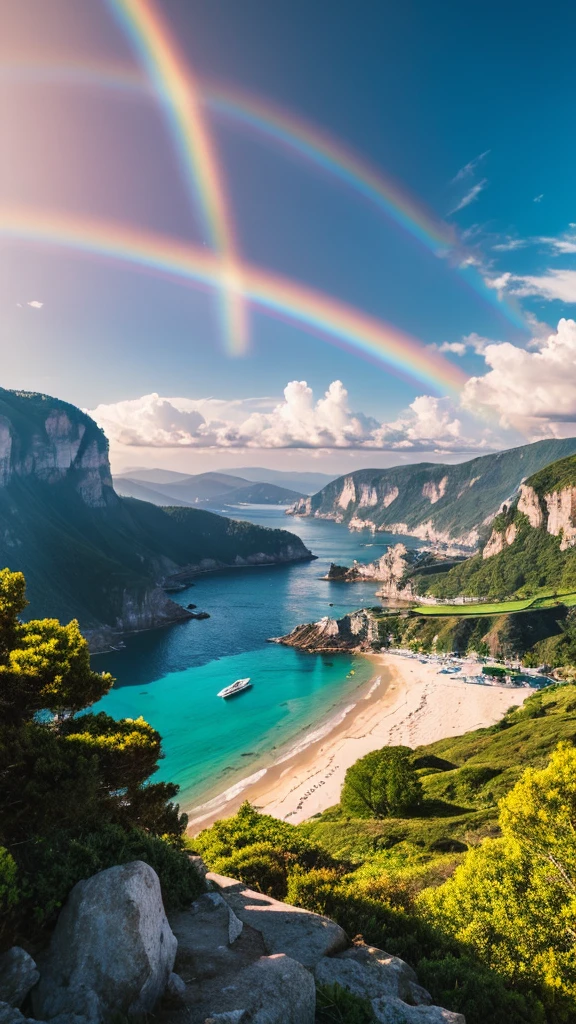 there is a rainbow in the sky over a beach with rocks and pebbles, seashore, Alpine Forest Landscape Photo,Steep mountain roads,Clear and transparent lake,wood,Bushes,Fallen leaves,Dawn Sun,Kasumi,Cliffs and mountains,Dilapidated,Lonely,cold,Foggy sky,Not a dazzling morning sun,Nightmare vision,Dark fantasy plot,Perfect and excellent composition,8K resolution,detailed,restricted,close ultra-wide angle shot,Realistic,Beautiful sky,Colorful clouds float,True to life, The private parts are clearly visible, Perfect perfection, Digital single-lens reflex camera, 1024, 2048, 4096, detailedな, sharp, Best Quality, high quality, Absurd,Unattended background,Very detailed、detailedな照明の影,Art Station Trends、Complex、expensivedetailed、dramatic、(Volumetric Lighting:1.2)HDR shot。(close,Super Depth of Field,Ultra Wide Angle,Microfocal Lenses:1.2)(Realistic:1.4)Masterpiece、expensive、expensive品質、beautiful photo,Global illumination magical beach, sunny rainbow galaxy stormy sea, by Igor Grabar, colorful hd picure, near the seashore, rainbow reflections, just one rainbow 8 k, beach landscape, still of rainbow ophanim, calm vivid colors, by Marie Bashkirtseff, beautiful beach