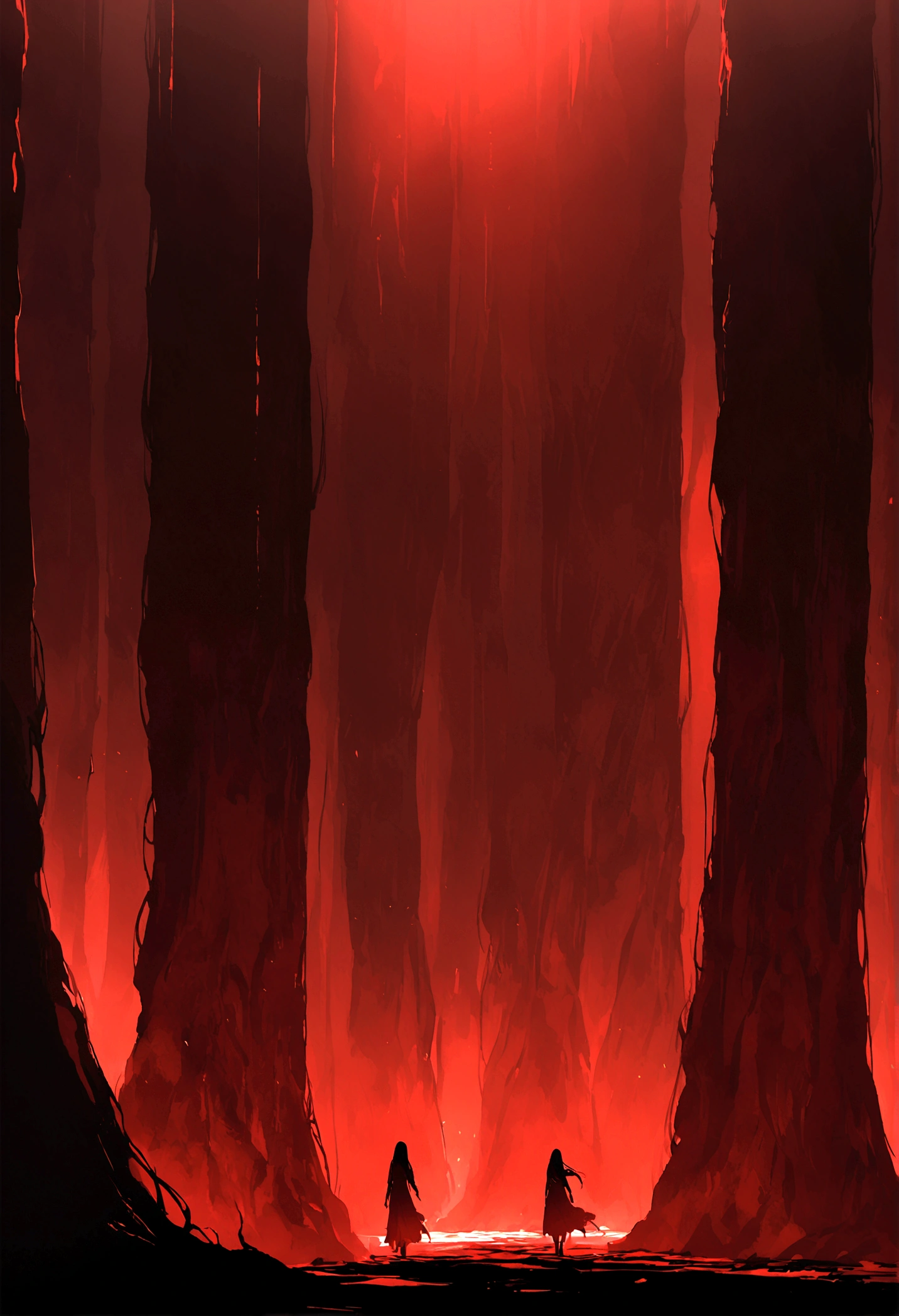 a red forest with blood running down. dramatic lighting.