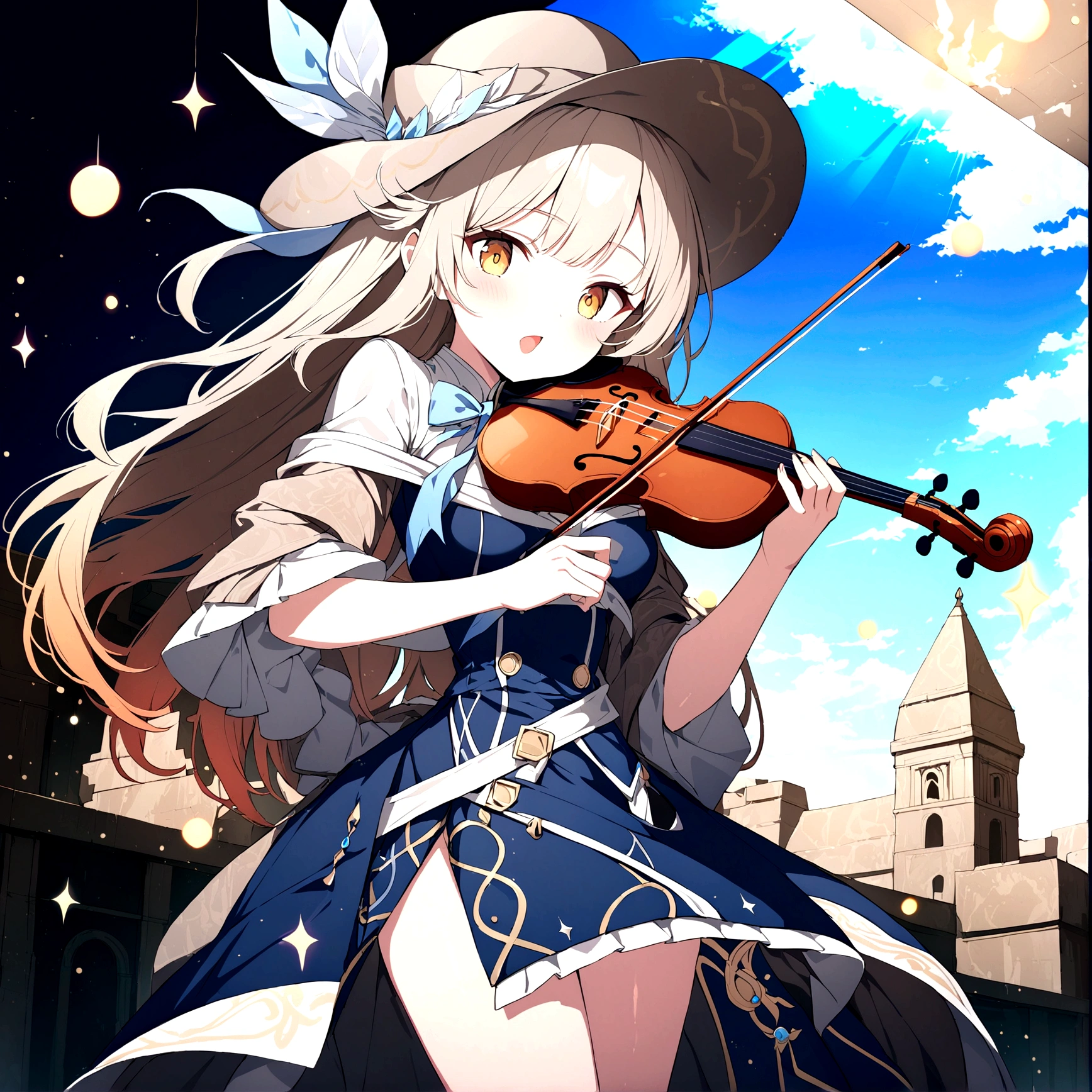 big hat, older woman, holding a violin