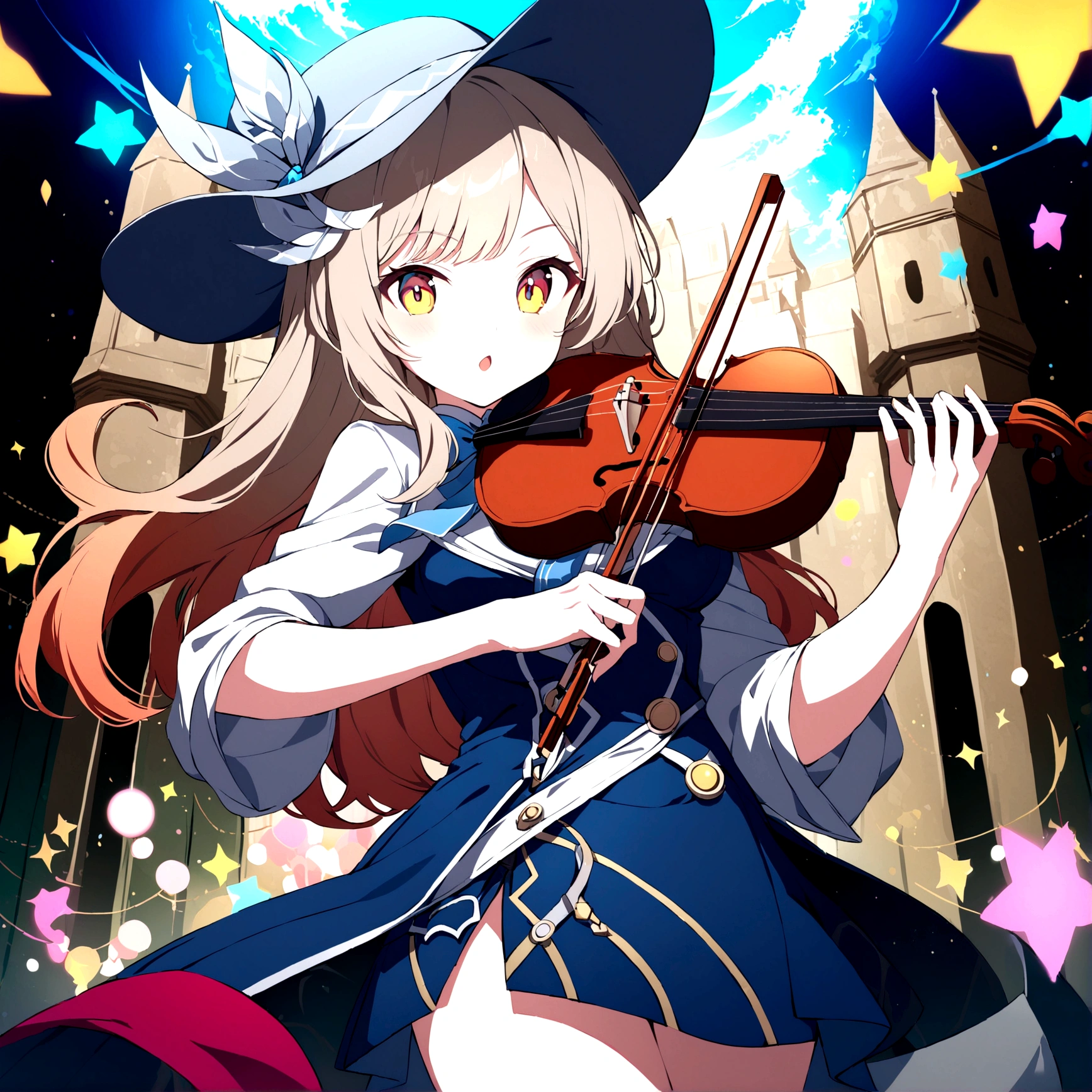 big hat, older woman, holding a violin