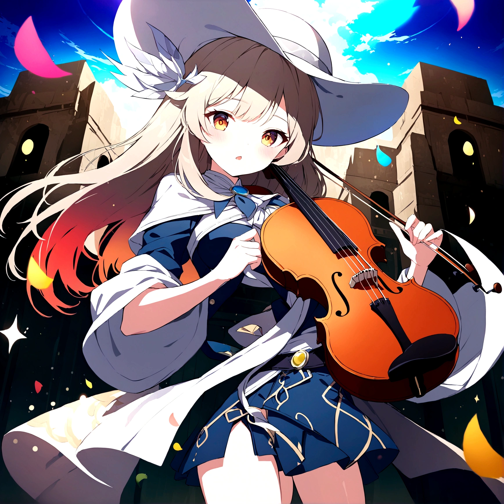big hat, older woman, holding a violin
