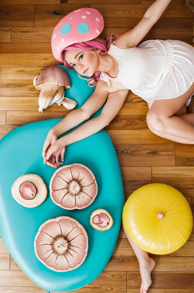 Among us white woman, with pink dress, a bright turquoise mushroom on the head, bright face and a pet ham on the floor with paws.