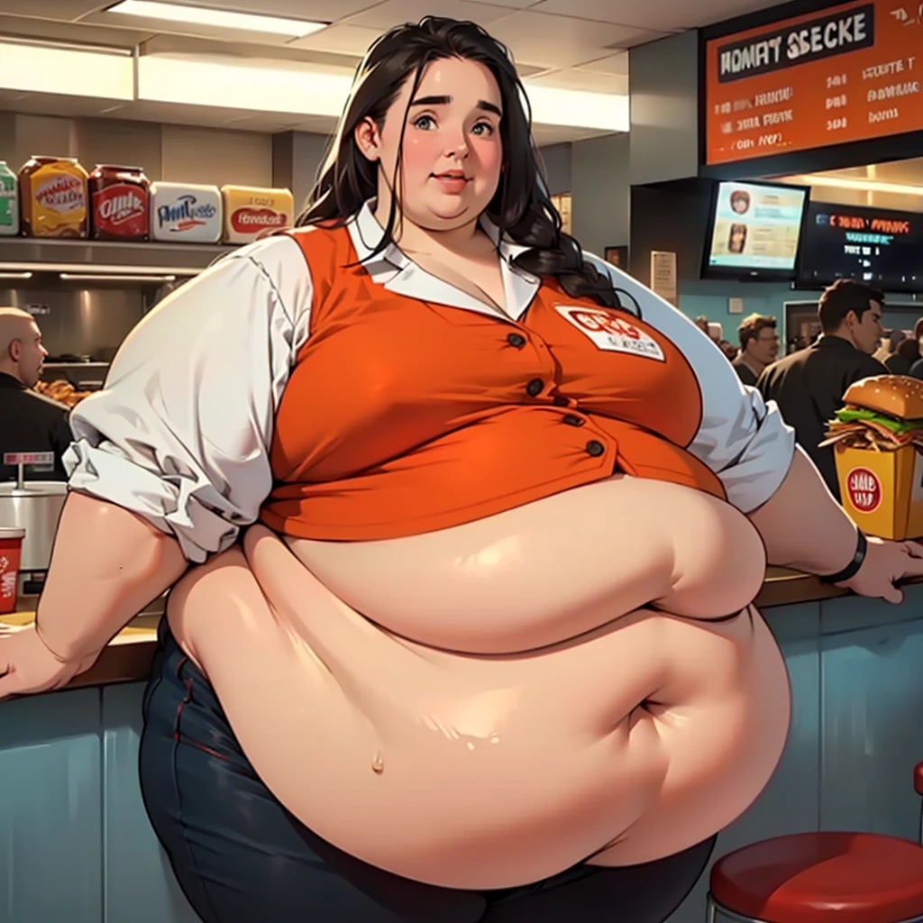 (masterpiece, detailed, realistic:1.2), jennifer connelly, ussbbw, (morbidly obese, fatblob:1.3), orange fast food uniform, serving at counter of a burger joint, pleased expression