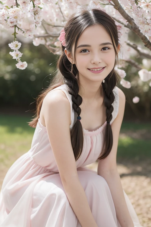 Masterpiece, Best quality, 8k, 18 ans, Photo brute, absurdes, Award-winning portrait, sourire, sourire, pure, french, pink black white dress, spring, , orchard in bloom, Italian, elegant, braids, sitting