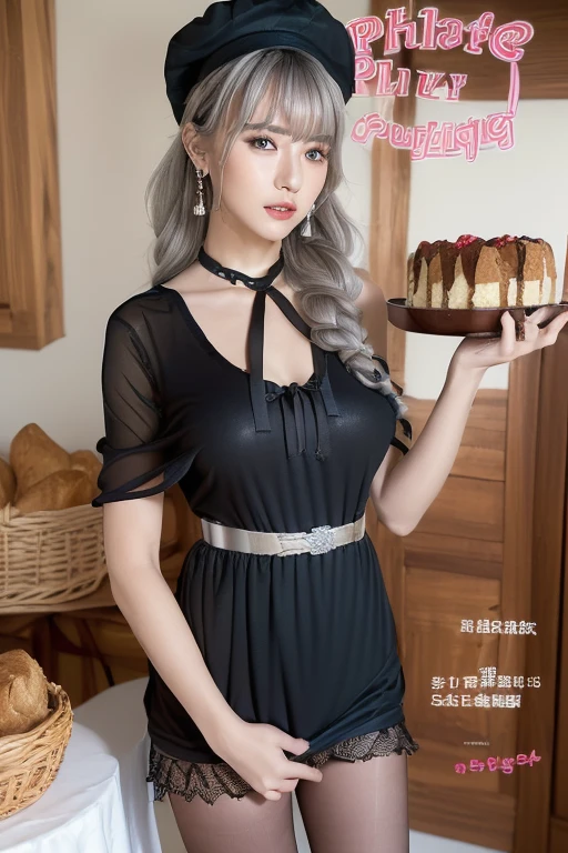 (perky chest:1.2), (pointed chest:1.2),(Pudding cake magazine cover:1.3),(from below:1.2),(shoot from the side:1.1),(((Black Tunic:1.3))),(((cakes and bread in the basket),a 23yo Cute and beautiful girl,masterpiece、highest quality、Very detailed、Beautiful fine details、Detailed landscape、Braided Ponytail、Red camisole、((B cup breasts, Tank top showing underboob:1.0)), thigh strap, bangs, necktie, earrings, nail polish, fishnet pantyhose, silver hair, looking at viewer, full body, bottle, own hands together, belt, food, ring, choker, english text paper:1.2, collared shirt, blue eyes, hat,lace-up boots ,