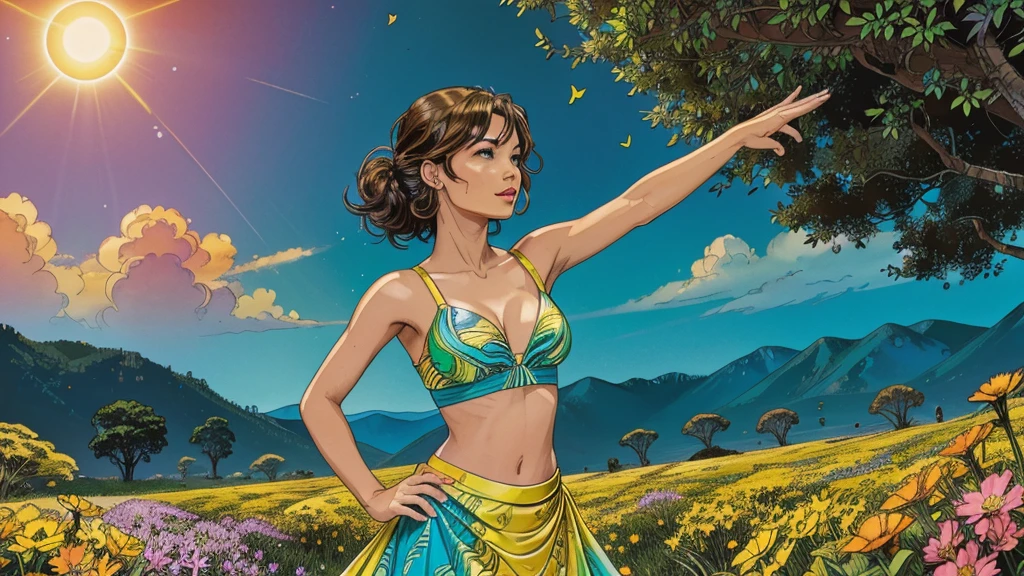A photorealistic cute, slender aerobics instructor with very short brown hair, brown eyes, and dimples, standing confidently in a surreal natural landscape. She's wearing a flowing, elegant gown that complements her figure. The background features an impossibly vibrant meadow under a brilliant blue sky. Flowers of unearthly colors and fractal patterns bloom everywhere, their petals shifting and morphing in hypnotic ways. Giant, iridescent butterflies with kaleidoscopic wings flutter by. Trees with spiral trunks reach towards a sun that seems to pulse with rainbow colors. Clouds take on impossible geometric shapes, morphing and dissolving. The air is filled with shimmering, colorful particles that seem to respond to thought. Vibrant colors include electric blues, neon pinks, luminous greens, and radiant golds, all more vivid than seems possible. The lighting is intense and dreamlike, as if reality itself is overexposed, casting no shadows. Broad strokes of bright, contrasting colors sweep across the sky, creating mesmerizing patterns - vibrant oranges, electric purples, and pulsating teals dance and swirl overhead.