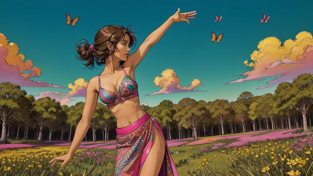 A photorealistic cute, slender aerobics instructor with very short brown hair, brown eyes, and dimples, standing confidently in a surreal natural landscape. She's wearing a flowing, elegant gown that complements her figure. The background features an impossibly vibrant meadow under a brilliant blue sky. Flowers of unearthly colors and fractal patterns bloom everywhere, their petals shifting and morphing in hypnotic ways. Giant, iridescent butterflies with kaleidoscopic wings flutter by. Trees with spiral trunks reach towards a sun that seems to pulse with rainbow colors. Clouds take on impossible geometric shapes, morphing and dissolving. The air is filled with shimmering, colorful particles that seem to respond to thought. Vibrant colors include electric blues, neon pinks, luminous greens, and radiant golds, all more vivid than seems possible. The lighting is intense and dreamlike, as if reality itself is overexposed, casting no shadows. Broad strokes of bright, contrasting colors sweep across the sky, creating mesmerizing patterns - vibrant oranges, electric purples, and pulsating teals dance and swirl overhead.