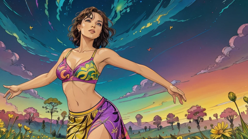 A photorealistic cute, slender aerobics instructor with very short brown hair, brown eyes, and dimples, standing confidently in a surreal natural landscape. She's wearing a flowing, elegant gown that complements her figure. The background features an impossibly vibrant meadow under a brilliant blue sky. Flowers of unearthly colors and fractal patterns bloom everywhere, their petals shifting and morphing in hypnotic ways. Giant, iridescent butterflies with kaleidoscopic wings flutter by. Trees with spiral trunks reach towards a sun that seems to pulse with rainbow colors. Clouds take on impossible geometric shapes, morphing and dissolving. The air is filled with shimmering, colorful particles that seem to respond to thought. Vibrant colors include electric blues, neon pinks, luminous greens, and radiant golds, all more vivid than seems possible. The lighting is intense and dreamlike, as if reality itself is overexposed, casting no shadows. Broad strokes of bright, contrasting colors sweep across the sky, creating mesmerizing patterns - vibrant oranges, electric purples, and pulsating teals dance and swirl overhead.