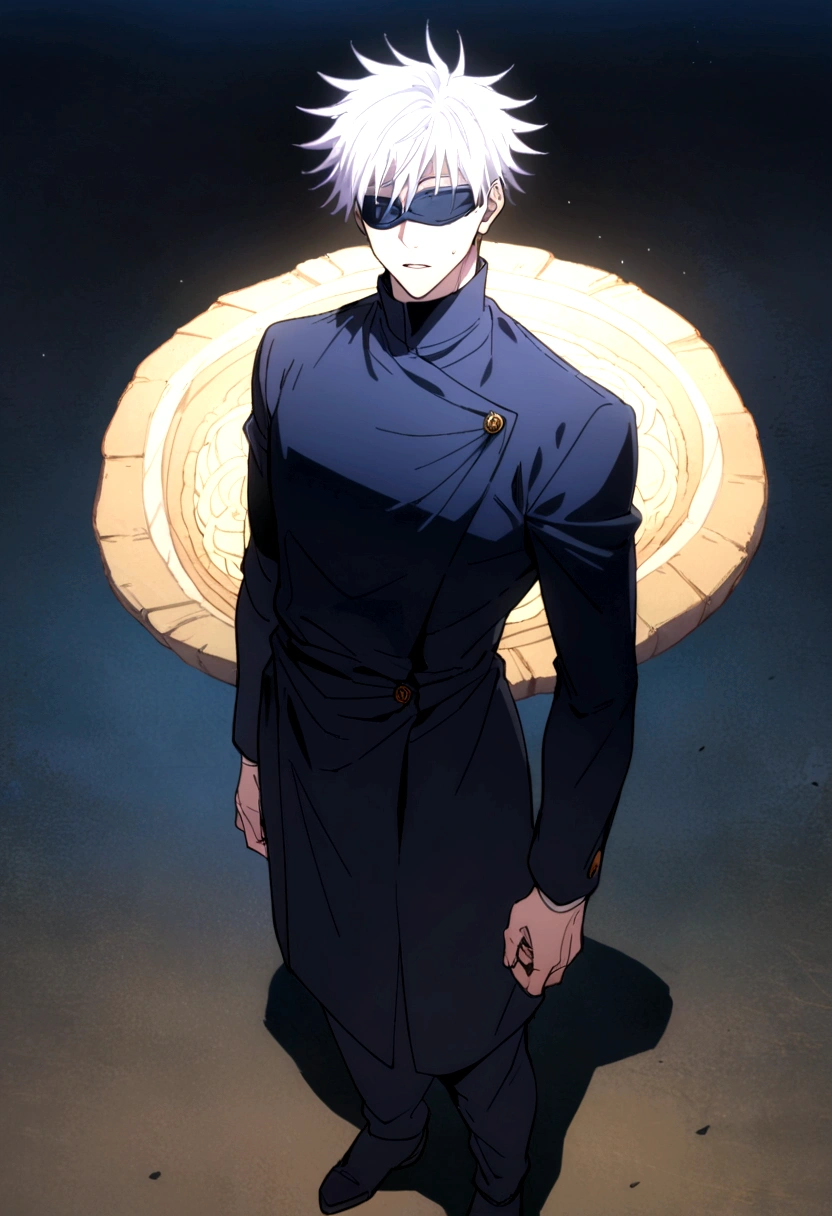 gojou satoru, jujutsu kaisen, 1boy, male focus, solo, full body, blue eyes, blindfold, white hair, night, one eye covered, parted lips, high collar, looking at viewer, (best quality), (ultra-detailed), very aesthetic, illustration, disheveled hair, perfect composition, moist skin, intricate details