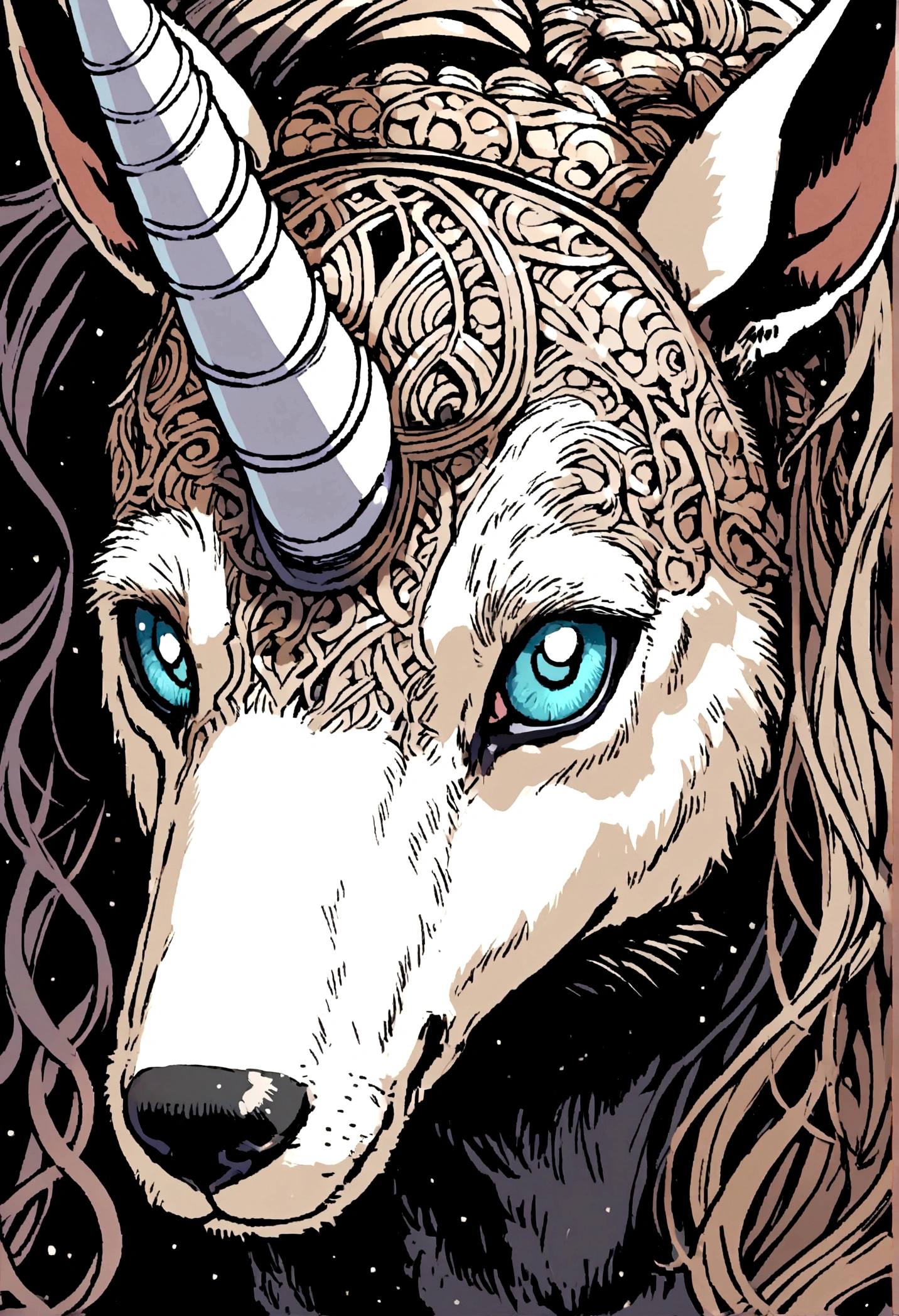 Dog with cat eyes and nose with a unicorn horn and ponytail