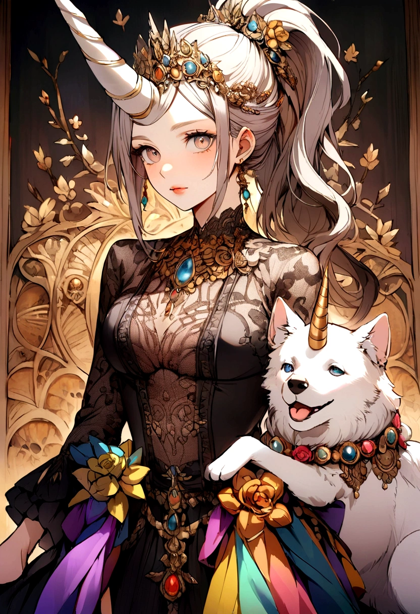 Dog with cat eyes and nose with a unicorn horn and ponytail