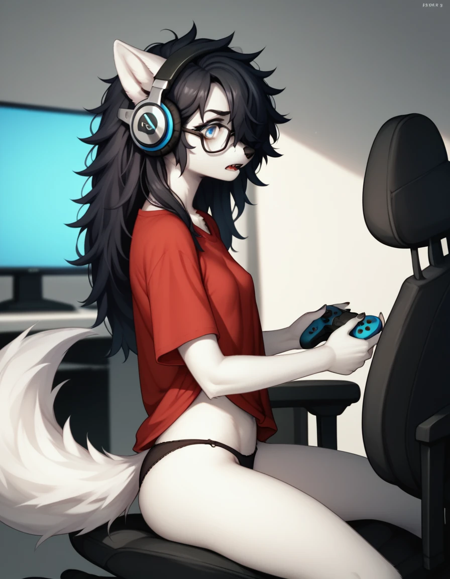 score_9,score_8_up,score_7_up, sierra, a young nerdy Anthro furry wolf woman, white furry body, tall, awkward, long black messy hair, hair covering one eye, black thick glasses, long black hair, blue eyes, small breasts, white wolf tail, wearing oversized red shirt, black panties,sitting on a gamer chair, leaning back, holding a ps5 gaming controller, relaxed expression, looking at a tv screen, wearing gaming headphones, raised eyebrows, mouth open, eyes half open, in a messy bedroom, side view, 