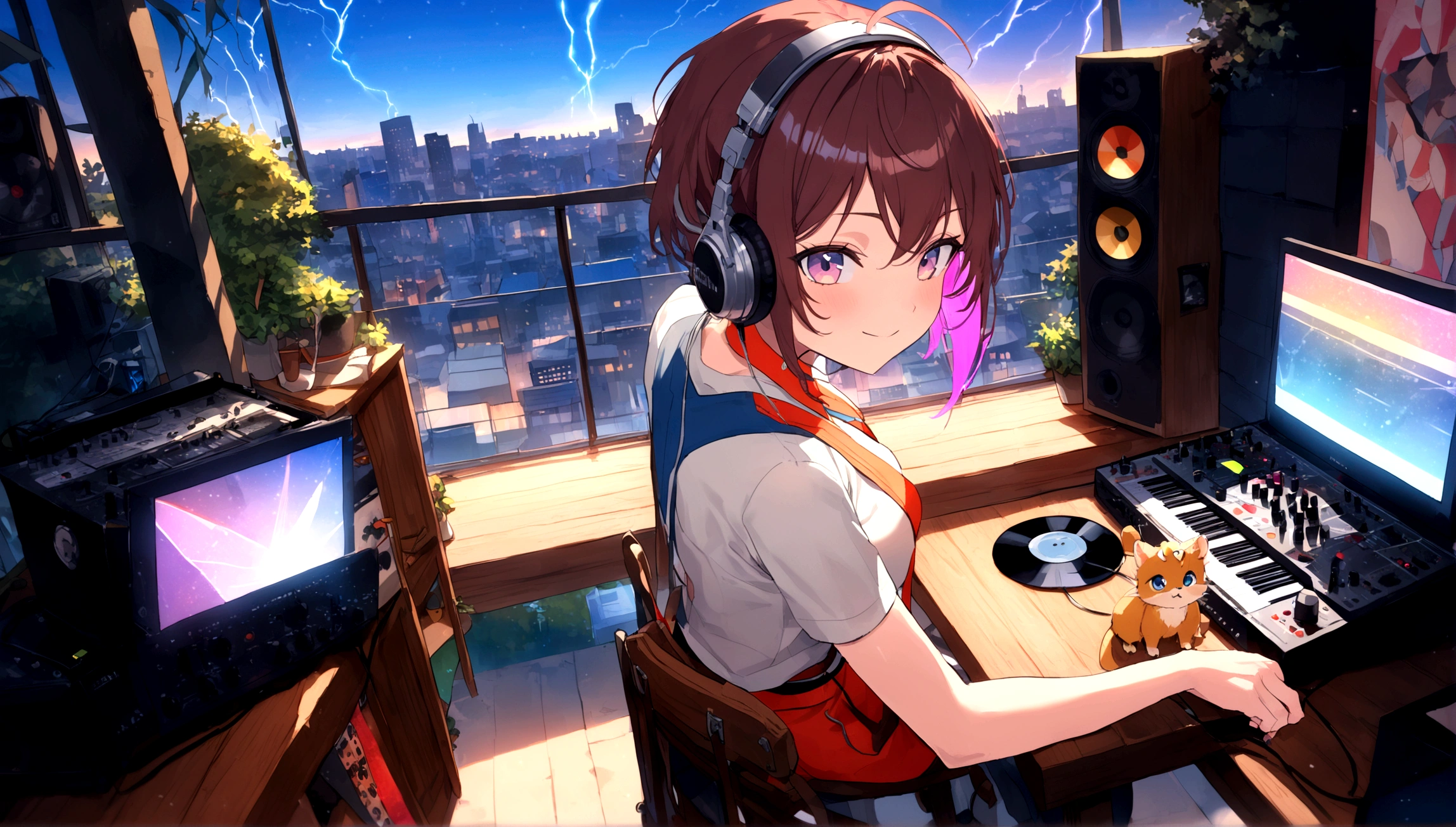 (Masterpiece artwork、maximum quality、8K )、Bird&#39;s eye view、Overhead view camera work、Slender anime man with colorful hair and headphones sitting at inorganic desk on laptop, creature,lightning strike, lightning strikes de néon, Beauthfull, Modern futuristic, rock star, to lock, urgent, perfect, epic, shiny colors, volumetric lighting, better shadows, Shallow depth of field, (of the highest quality, incredible details: 1,25), Brightly Colored Paintings, posh, magie, wink, sheen, neon garland,details Intricate,ultra detali、A girl、Grinning 、(Live Stage:1.3),(record playermixing machine、Sampling Machine、Rhythm Box、mixer,synthesizer、Monitors:1.2),Live stage background、Highlight from behind、hyperrealisti,perfect Anatomy
