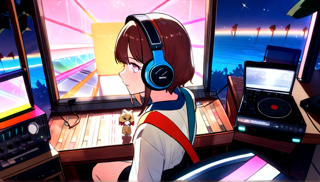 (Masterpiece artwork、maximum quality、8K )、Bird's eye view、Overhead view camera work、Slender anime man with colorful hair and headphones sitting at inorganic desk on laptop, creature,lightning strike, lightning strikes de néon, Beauthfull, Modern futuristic, rock star, to lock, urgent, perfect, epic, shiny colors, volumetric lighting, better shadows, Shallow depth of field, (of the highest quality, incredible details: 1,25), Brightly Colored Paintings, posh, magie, wink, sheen, neon garland,details Intricate,ultra detali、A girl、Grinning 、(Live Stage:1.3),(record playermixing machine、Sampling Machine、Rhythm Box、mixer,synthesizer、Monitors:1.2),Live stage background、Highlight from behind、hyperrealisti,perfect Anatomy