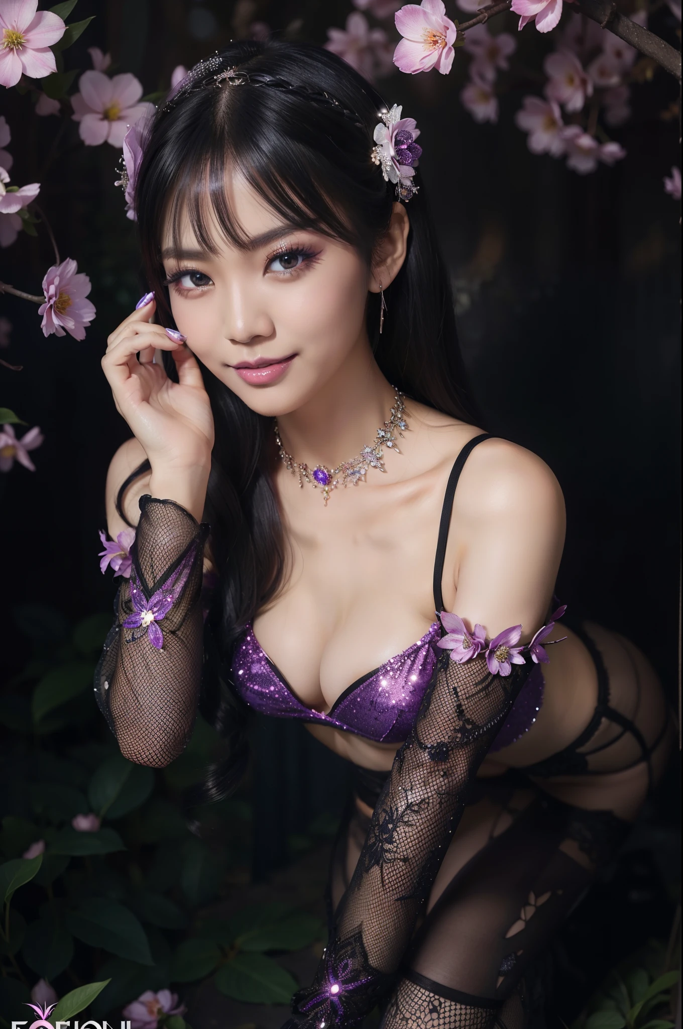sexy Indonesian Model who controls poison、beautiful smile、lipgloss、long lashes、smokey eyeshadow、look at the camera、full body Esbian、、sparkling poisoned flower costume、、、、shiny sparkling multicolor hair、secrete poison、skull hair accessories、fishnet tights、shiny sparkling dark magic forest background