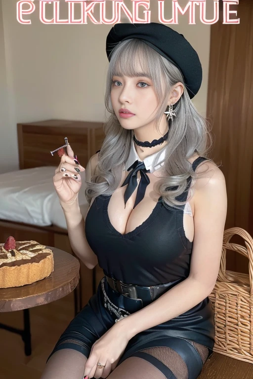 (perky chest:1.2), (pointed chest:1.2),(Pudding cake magazine cover:1.3),(from below:1.2),(shoot from the side:1.1),(((Black Tunic:1.3))),(((cakes and bread in the basket),a 23yo Cute and beautiful girl,masterpiece、highest quality、Very detailed、Beautiful fine details、Detailed landscape、Braided Ponytail、Red camisole、((B cup breasts, Tank top showing underboob:1.0)), thigh strap, bangs, necktie, earrings, nail polish, fishnet pantyhose, silver hair, looking at viewer, full body, bottle, own hands together, belt, food, ring, choker, english text paper:1.2, collared shirt, blue eyes, hat,lace-up boots ,