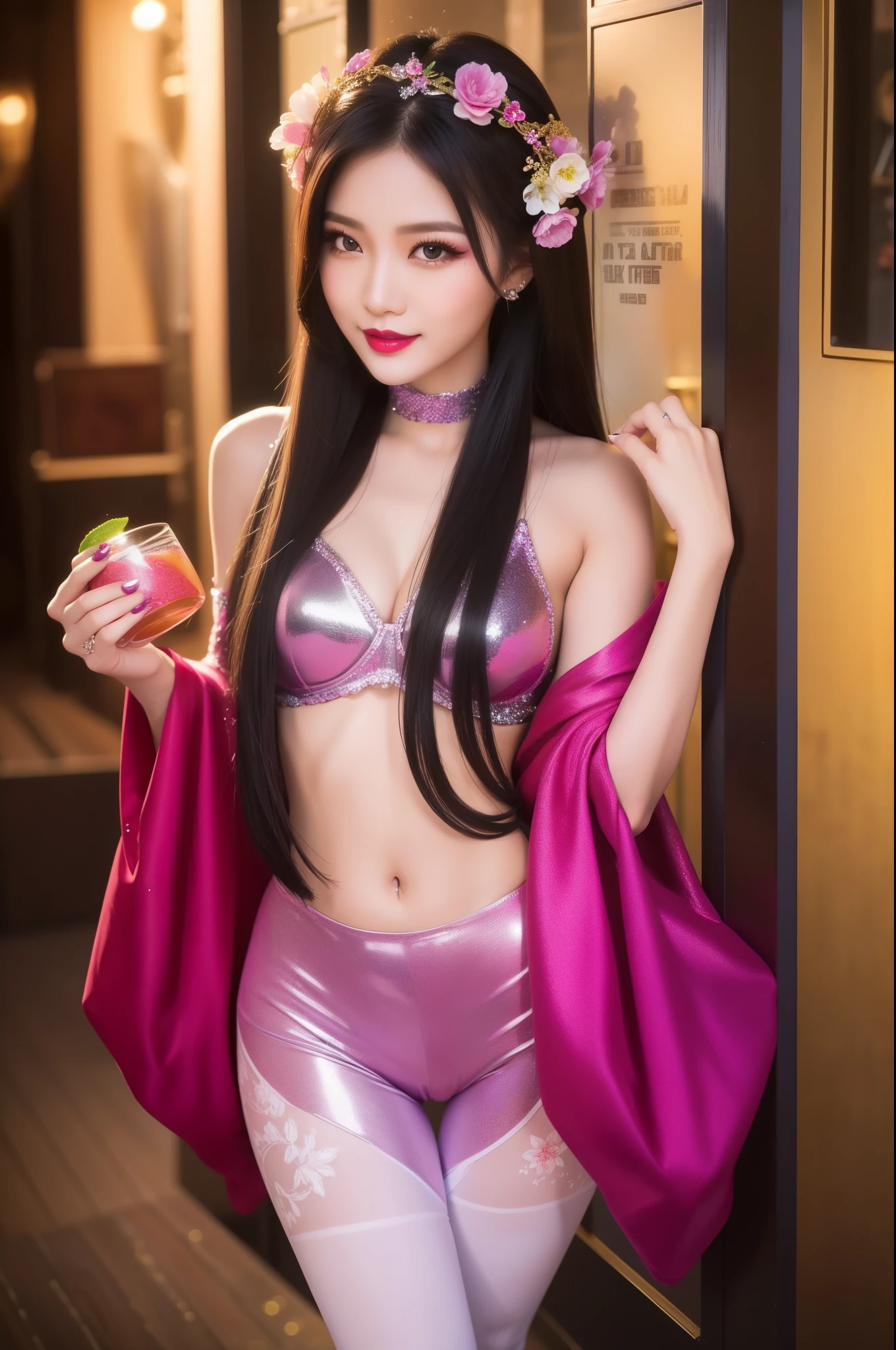 sexy Thai model who controls poison、beautiful smile、lipgloss、bold lipstick、intense makeup、look at the camera、full body Esbian、、sparkling poisoned flower costume、、、、sparkling Colorful hair、secrete poison、skull hair accessories、sexy tights、shiny sparkling flowers background