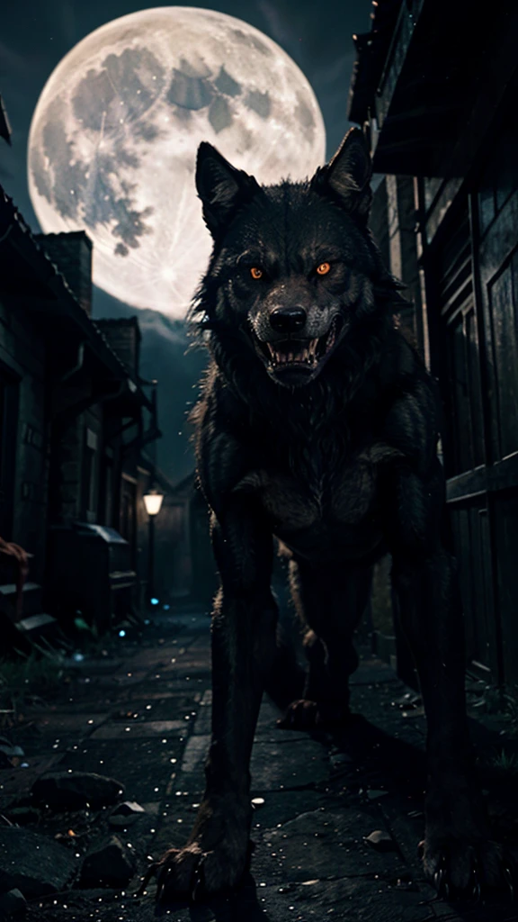 "A fierce and hungry werewolf with sharp teeth and glowing eyes thirsting for blood stands at the end of a dark alley. In the sky, a full, bright moon illuminates the scene with its pale light