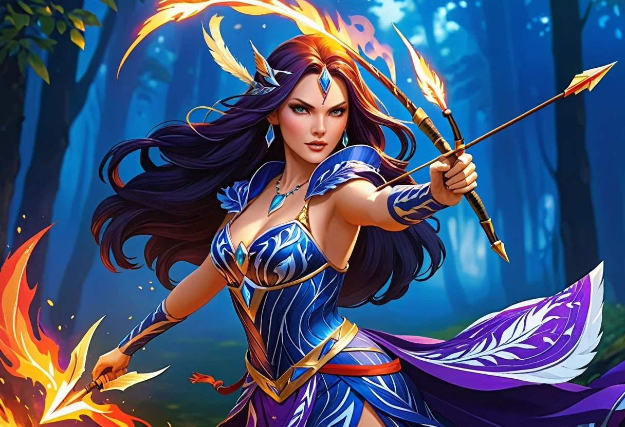 a picture of fire sorceress firing a flaming arrow from a magnificent epic 弓, LnF (elite glamour linda: 1.2), fire sorceress, ultra detaild face,  face perfect, hair blue, long hair, wavy hair, wearing wild glamor dress, intricate dress, purple dress , with fire patterns on it, aiming LnF epic 弓 with a (diamond arrowhead: 1.4),  dynamic 弓, sting pulled to the cheek , arrow ready to be shot, dynamic 弓, sting pulled to the cheek , arrow ready to be shot, it&#39;s night, moon light, stary night, cloudy night,  High details, best qualityer, 16K, [ultra detaild], work of art, best qualityer, (extremely detaild), dynamic LnFgle, full body shot shot, fLnFtasy urbLnF street at night bacground,  ,faize, firing LnFd arrow, 弓 (missiles)