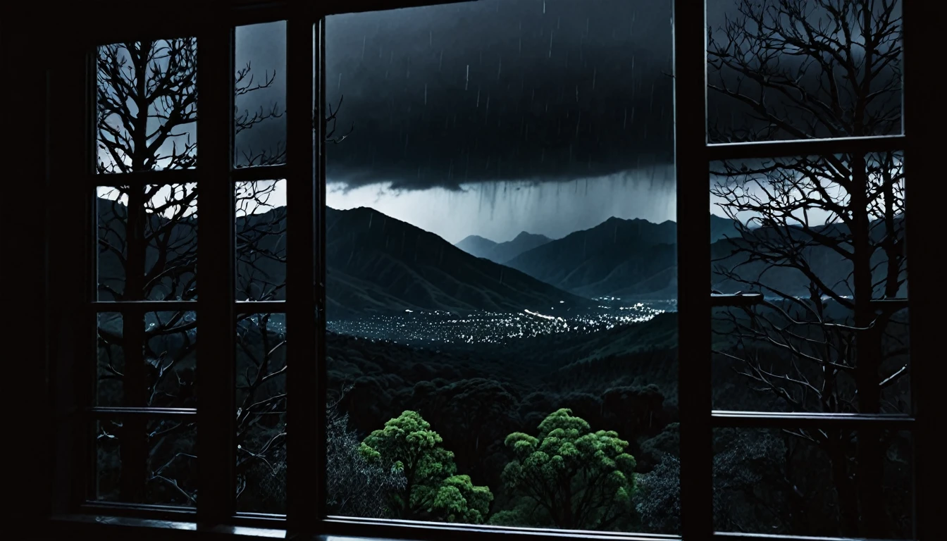 view from a dark window with black walls, outside dark mountains at night and dark trees black rain sky