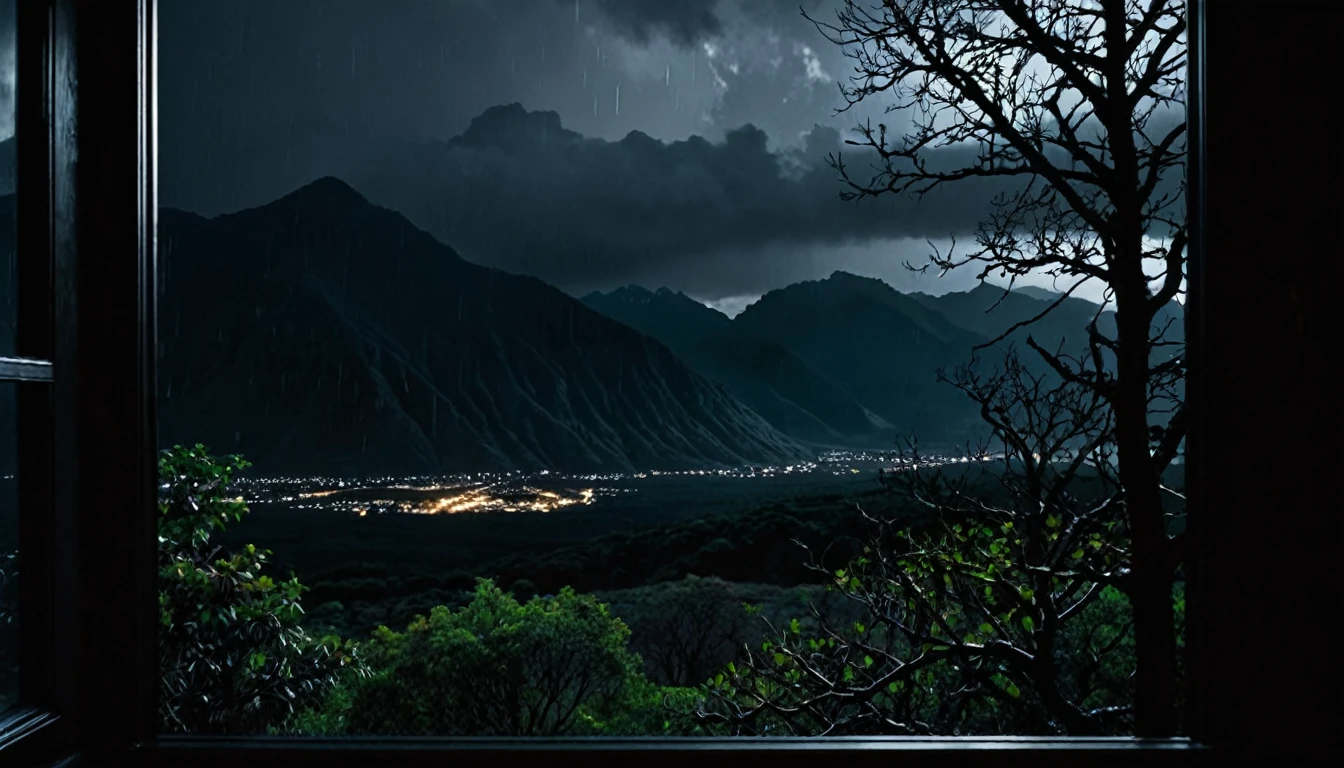 view from a dark window with black walls, outside dark mountains at night and dark trees black rain sky