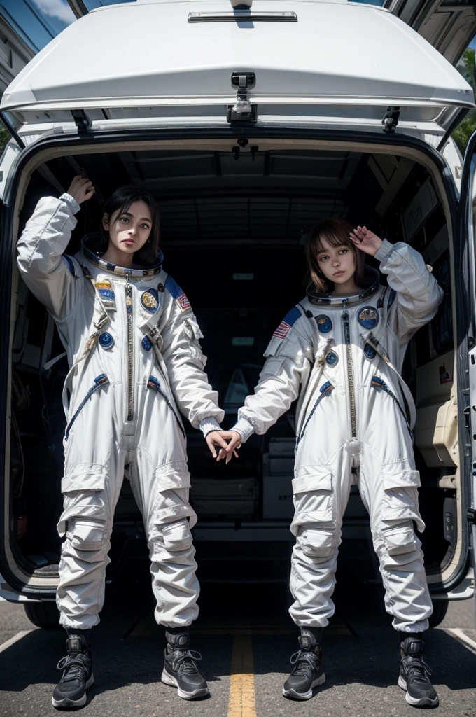 adds two people in space suits leaning on the van 