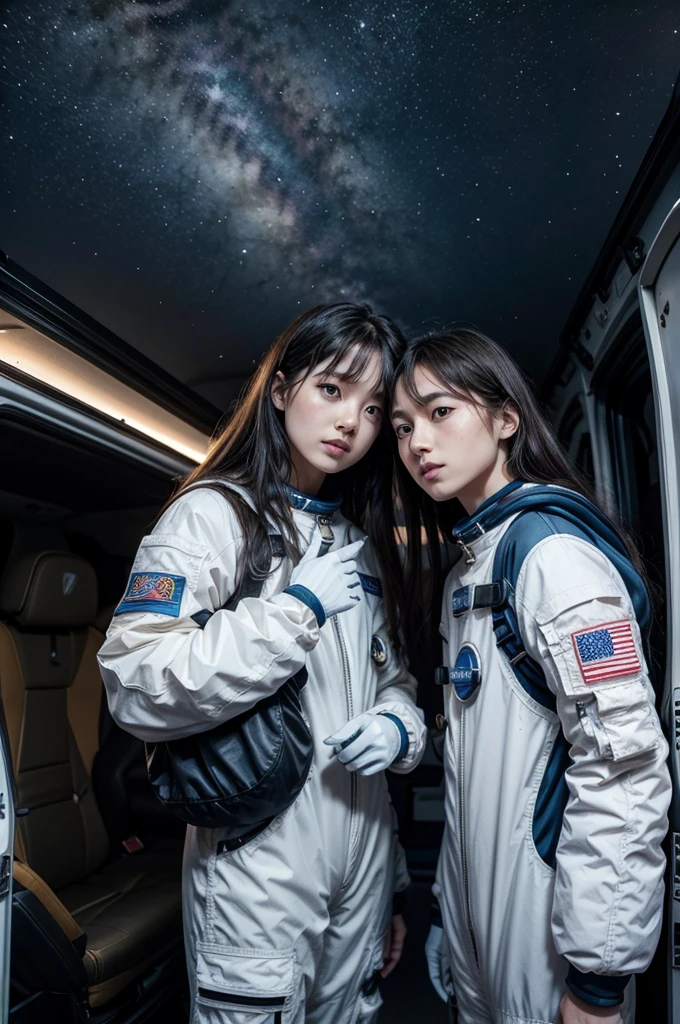 adds two people in space suits leaning on the van