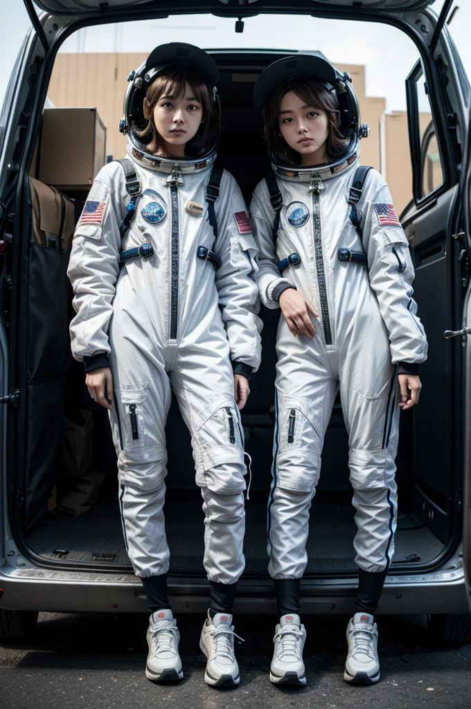 adds two people in space suits leaning on the van 