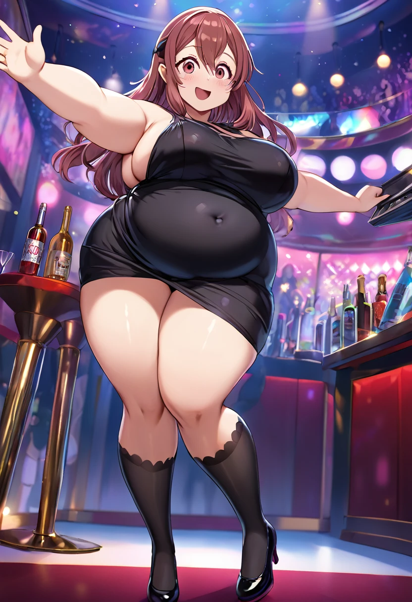 Ochako Uraraka from My hero academia, girl fat, obese body, big belly, sexy, stockings, black hair, short night dress, night club, night, dark dress, black dress, black stockings, black and black shoes, (Masterpiece:1.2), best quality, high resolution, beautifully detailed, extremely detailed, perfect lighting,