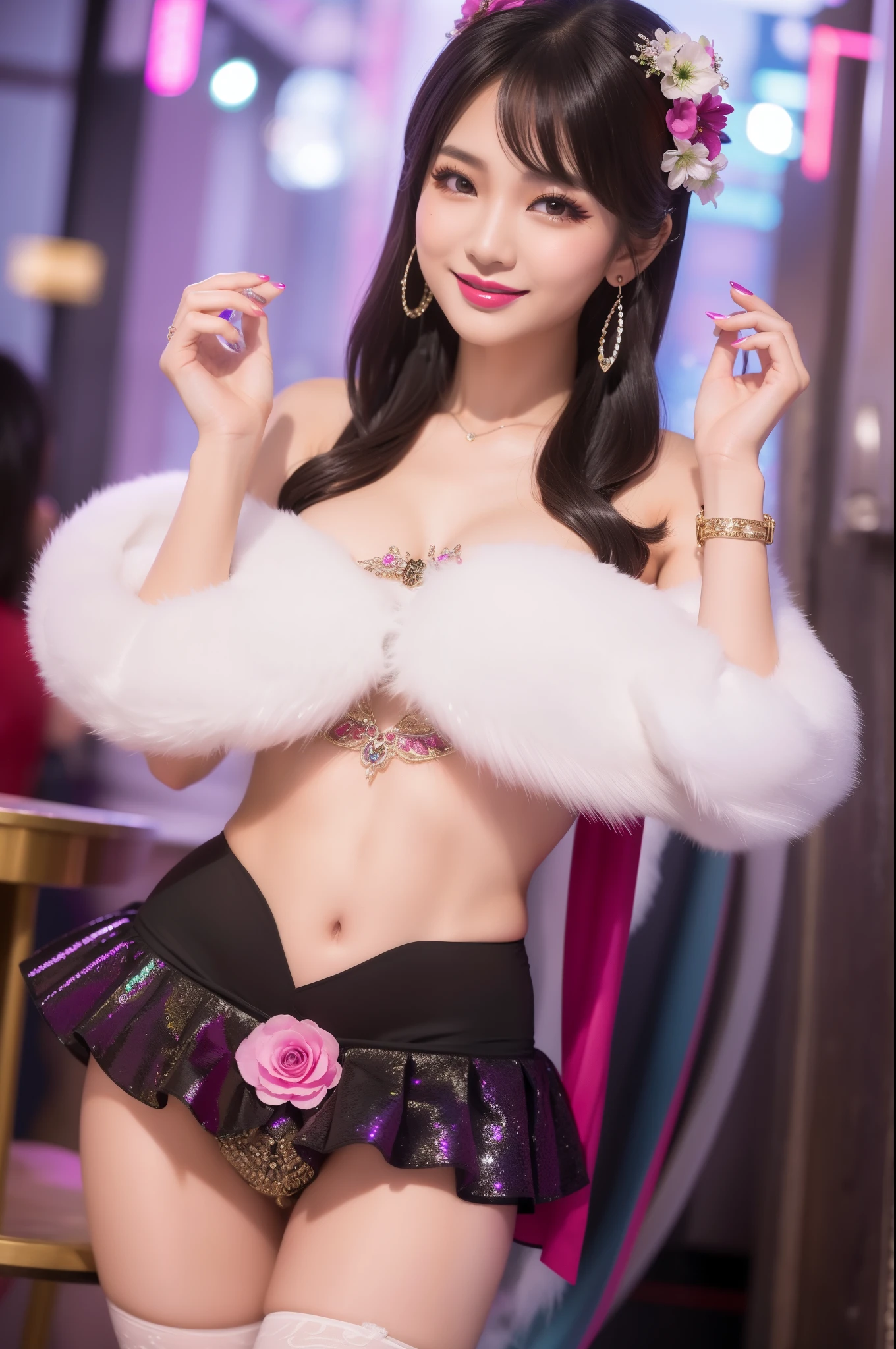 sexy Thai model who controls poison、beautiful smile、lipgloss、bold lipstick、intense makeup、look at the camera、full body Esbian、、sparkling poisoned flower costume、、、、sparkling Colorful hair、secrete poison、skull hair accessories、sexy tights、shiny sparkling flowers background