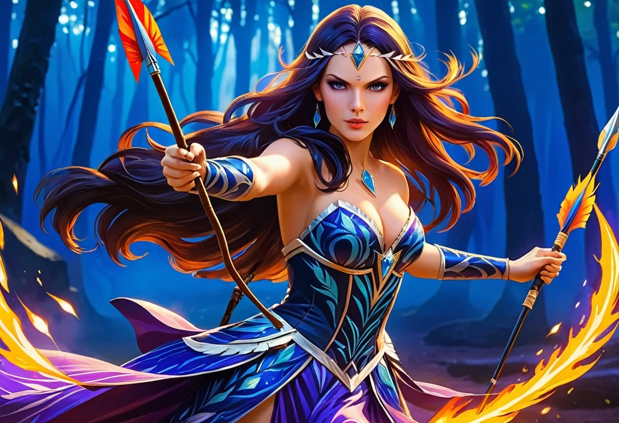 a picture of fire sorceress firing a flaming arrow from a magnificent epic 弓, LnF (elite glamour linda: 1.2), fire sorceress, ultra detaild face,  face perfect, hair blue, long hair, wavy hair, wearing wild glamor dress, intricate dress, purple dress , with fire patterns on it, aiming LnF epic 弓 with a (diamond arrowhead: 1.4),  dynamic 弓, sting pulled to the cheek , arrow ready to be shot, dynamic 弓, sting pulled to the cheek , arrow ready to be shot, it&#39;s night, moon light, stary night, cloudy night,  High details, best qualityer, 16K, [ultra detaild], work of art, best qualityer, (extremely detaild), dynamic LnFgle, full body shot shot, fLnFtasy urbLnF street at night bacground,  ,faize, firing LnFd arrow, 弓 (missiles)