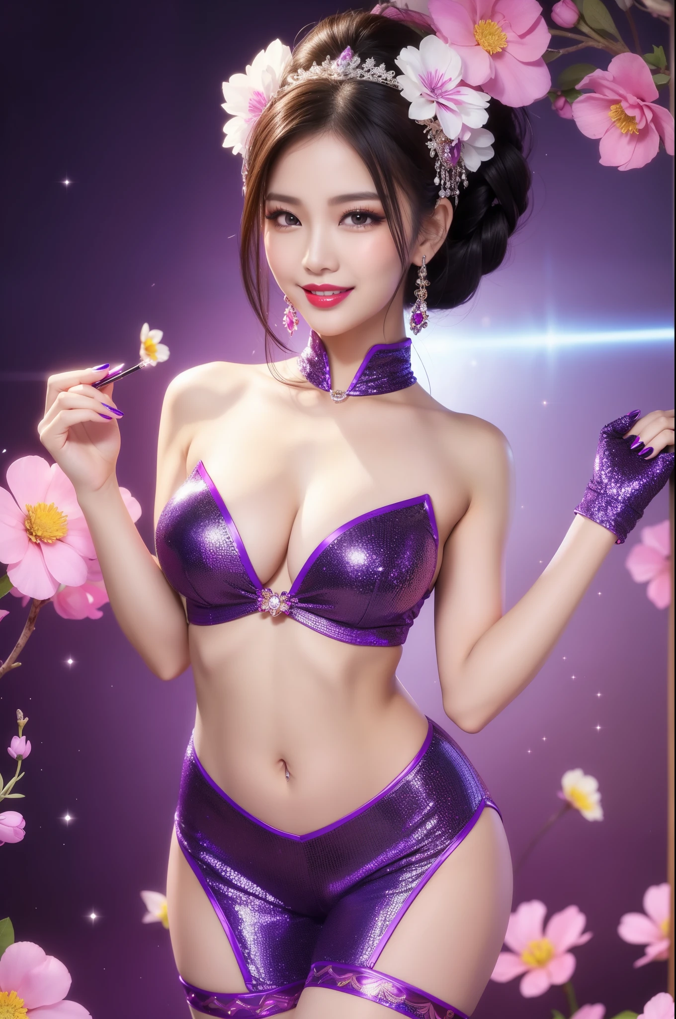 sexy Thai model who controls poison、beautiful smile、lipgloss、bold lipstick、intense makeup、look at the camera、full body Esbian、、sparkling poisoned flower costume、、、、sparkling Colorful hair、secrete poison、skull hair accessories、sexy tights、shiny sparkling flowers background